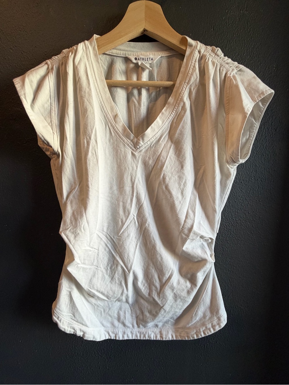Athleta White V-Neck Cap Sleeve Top with Ruched Shoulders